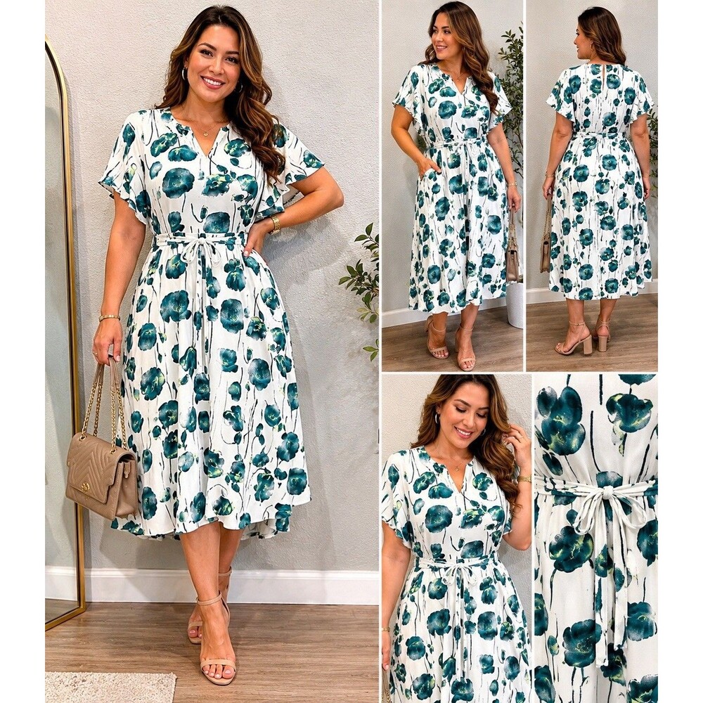 Alfani Plus  20W Floral Midi Dress White Green Flutter Sleeve Lined Pockets New